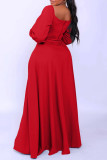 Red Casual Solid Slit Off the Shoulder Long Sleeve Two Pieces