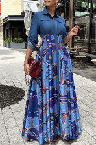Синее повседневное платье-рубашка с отложным воротником и пряжкой в ​​стиле пэчворк с принтом Платья Платья
