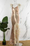 Champagne Solid Sequins Patchwork Feathers Backless V Neck Irregular Dress Dresses