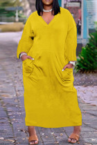 Желтые повседневные однотонные платья в стиле пэчворк с V-образным вырезом и длинными рукавами