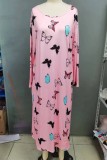 Light Purple Casual Living Butterfly Print Basic O Neck Long Sleeve Plus Size Nightdress