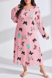 Light Purple Casual Living Butterfly Print Basic O Neck Long Sleeve Plus Size Nightdress