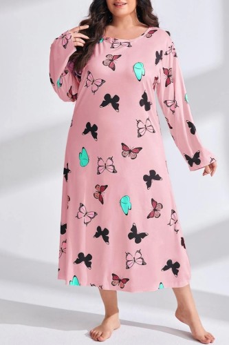 Pink Casual Living Butterfly Print Basic O Neck Long Sleeve Plus Size Nightdress
