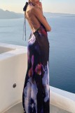Colour Sexy Print Backless Halter One Step Skirt Dresses
