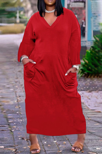 Red Casual Solid Patchwork V Neck Long Sleeve Dresses