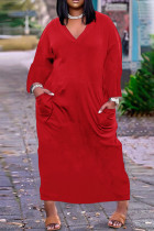 赤 カジュアル ソリッド パッチワーク Vネック 長袖 ドレス