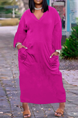 Rose Red Casual Solid Patchwork V Neck Long Sleeve Dresses