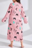 Light Purple Casual Living Butterfly Print Basic O Neck Long Sleeve Plus Size Nightdress