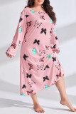 Light Purple Casual Living Butterfly Print Basic O Neck Long Sleeve Plus Size Nightdress