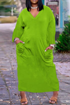 Grüne, lässige, feste Patchwork-Kleider mit V-Ausschnitt und langen Ärmeln