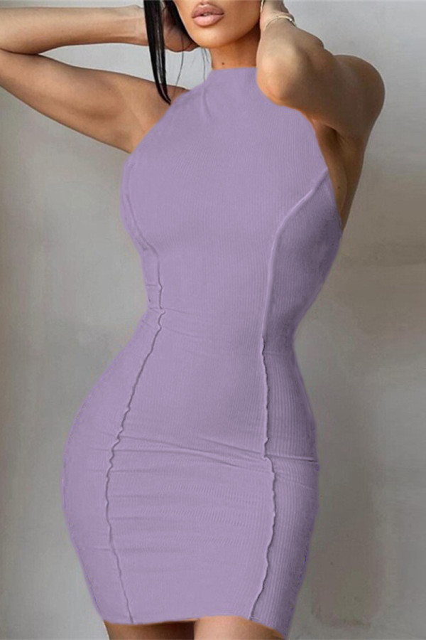 Purple Sexy Solid Patchwork O Neck One Step Skirt Dresses