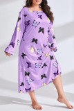 Light Purple Casual Living Butterfly Print Basic O Neck Long Sleeve Plus Size Nightdress
