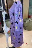 Light Purple Casual Living Butterfly Print Basic O Neck Long Sleeve Plus Size Nightdress