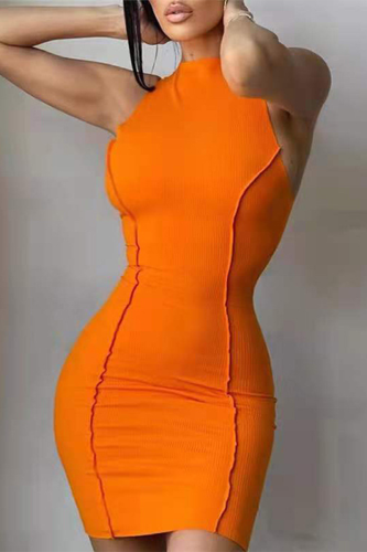 Tangerine Red Sexy Solid Patchwork O Neck One Step Jupe Robes