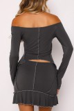 Black Casual Solid Patchwork Asymmetrical Off the Shoulder Long Sleeve Two Pieces