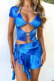 Blue Sexy Print Bandage Hollowed Out Backless Halter Short Sleeve Two Pieces