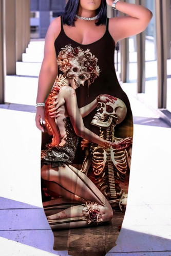 Multicolor Halloween Casual Graphics Print Backless Spaghetti Strap Floor Length Vacation Baggy Sundress Slip Maxi Dress