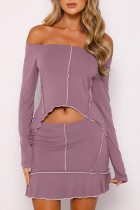 Purple Casual Solid Patchwork Asymmetrical Off the Shoulder Long Sleeve Two Pieces