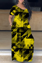 Robes de robe de base à manches courtes à col en V et à imprimé décontracté noir jaune