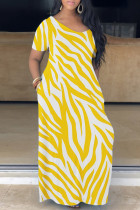 Gele casual print basic jurk met V-hals en korte mouwen
