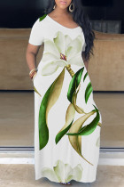 ホワイト グリーン カジュアル プリント ベーシック V ネック 半袖 ドレス ドレス