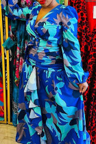 Blue College Print Patchwork V-hals bedrukte jurkjurken (met riem)