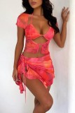 Tangerine Red Sexy Print Bandage évidé Backless Halter Short Sleeve Two Pieces