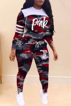 Red Casual Camouflage Print Patchwork Letter Hooded Collar Long Sleeve Two Pieces