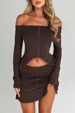 Brown Casual Solid Patchwork Asymmetrical Off the Shoulder Long Sleeve Two Pieces