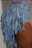 Light Blue Sexy Casual Street Solid Pocket High Waist Straight Tassel Denim Shorts