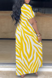 Gele casual print basic jurk met V-hals en korte mouwen