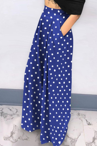 Blue Casual Street Dot Print Patchwork Pocket Fold Straight High Waist Wide Leg Full Print Bottoms