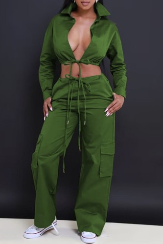 Army Green Casual Solid Frenulum Backless Turndown Collar Long Sleeve Two Pieces
