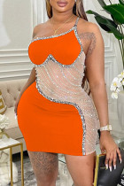 Orange Sexig Patchwork Hot Drilling Genomskinlig rygglös Snedkrage Sling Dress Klänningar