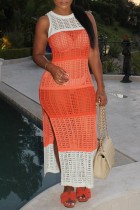 Vestido largo con escote en O en contraste con hendidura ahuecada de patchwork casual sexy naranja Vestidos