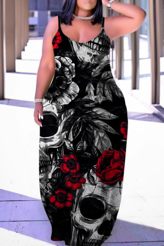 Black Halloween Casual Graphics Print Backless Spaghetti Strap Floor Length Vacation Baggy Sundress Slip Maxi Dress