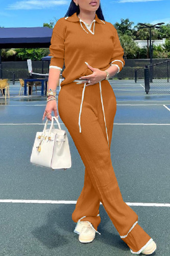 Light Brown Casual Solid Patchwork Turndown Collar Long Sleeve Two Pieces