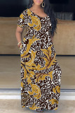 Желтое Повседневное Платье с принтом Базовое платье с V-образным вырезом и короткими рукавами Платья