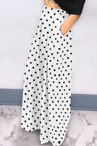 White Casual Street Dot Print Patchwork Pocket Fold Straight High Waist Wide Leg Full Print Bottoms