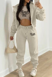 Grey Fashion Casual Letter Print Cardigan Vests Pants Hooded Collar Long Sleeve Three-piece Set