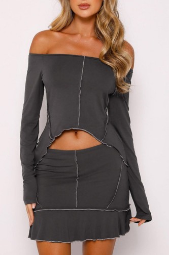 Dark Gray Casual Solid Patchwork Asymmetrical Off the Shoulder Long Sleeve Two Pieces