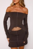 Dark Gray Casual Solid Patchwork Asymmetrical Off the Shoulder Long Sleeve Two Pieces