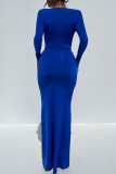 Blauwe sexy effen patchwork spleetvouw V-hals onregelmatige jurkjurken
