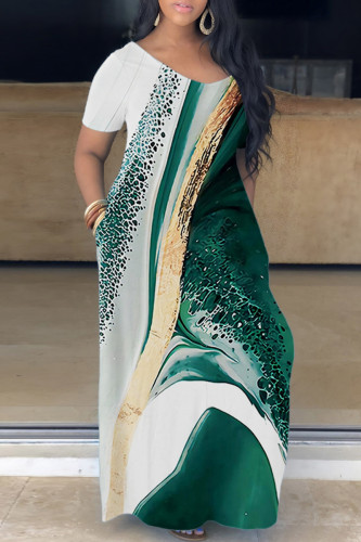 Dark Green Casual Print Basic V Neck Short Sleeve Dress Dresses