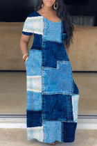 Vestido de manga corta con cuello en V básico estampado informal azul Vestidos
