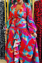 Rode college print patchwork jurk met V-hals en print (met riem)