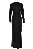 Черное сексуальное однотонное платье в стиле пэчворк с разрезом и V-образным вырезом