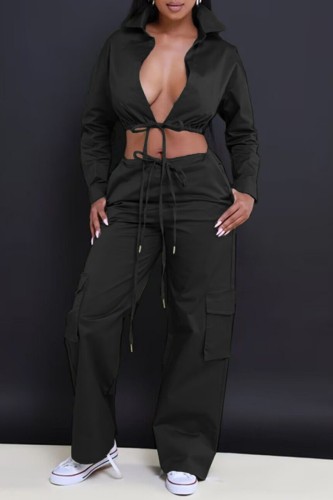 Black Casual Solid Frenulum Backless Turndown Collar Long Sleeve Two Pieces