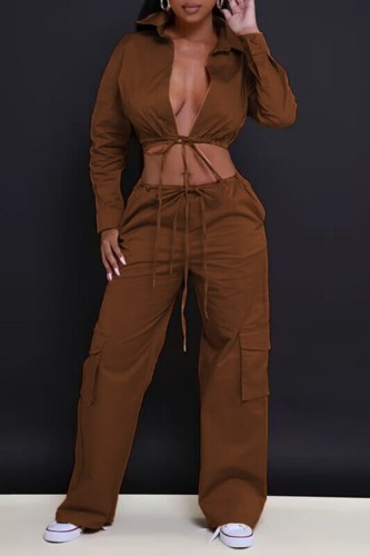 Coffee Casual Solid Frenulum Backless Turndown Collar Long Sleeve Two Pieces