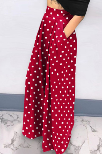 Red Casual Street Dot Print Patchwork Pocket Fold Straight High Waist Wide Leg Full Print Bottoms
